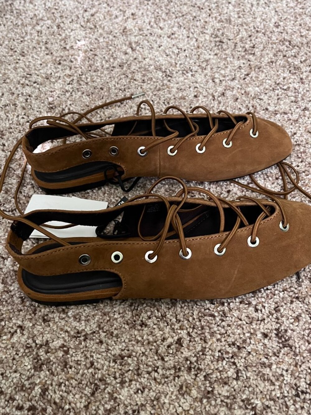 ZARA Dark Tan Suede Slingback Ballet Flats Lace Up Eyelet Shoes Size 6 NWT Chic - Picture 6 of 10